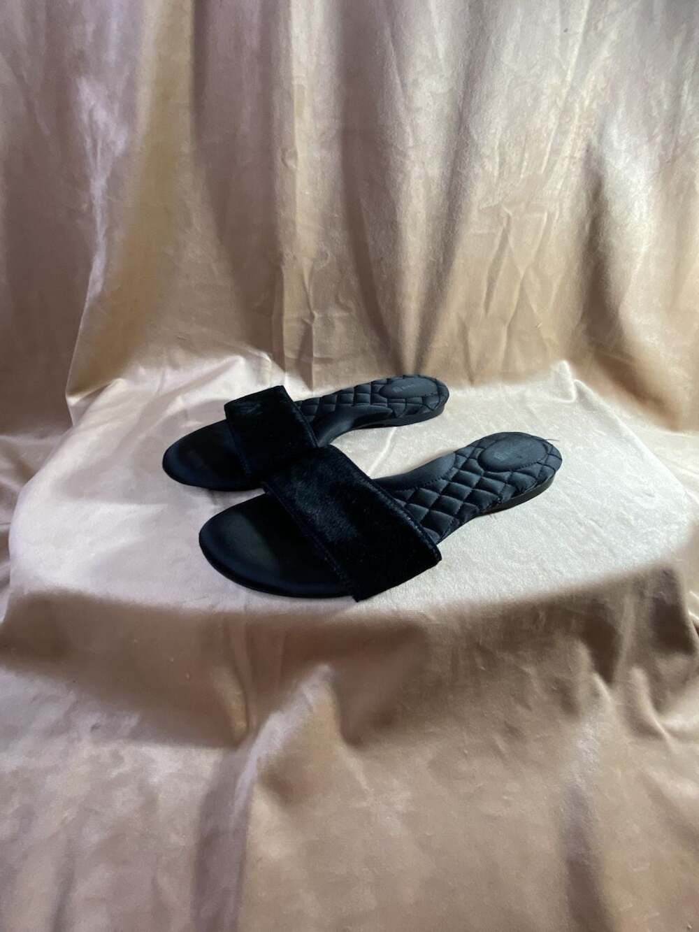 Birdies The Sparrow Jet Black Calf Hair Quilted Slide Sandals